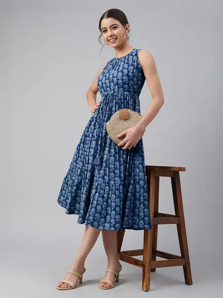 Indigo Block Print Sleeveless Tiered Midi Dress