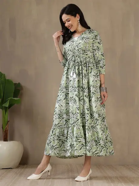 Sage Green Leaf Print Tiered Maxi Dress