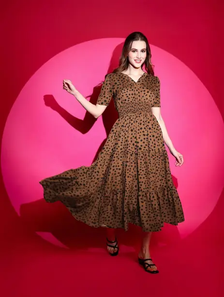 Brown Polka Dot Tiered Midi Dress