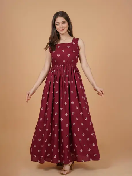 Maroon Buti Print Sleeveless Flared Maxi Dress