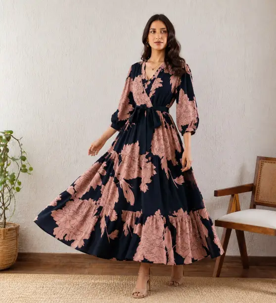 Navy & Dusty Pink Floral Wrap Tiered Maxi Dress