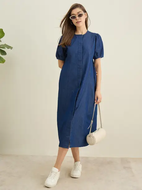 Indigo Denim Puff Sleeve Midi Dress