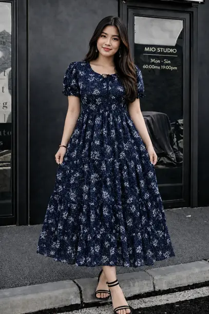Navy Ditsy Floral Smocked Tiered Maxi Dress
