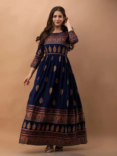 Navy & Gold Ethnic Print Flared Maxi Dress